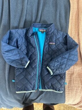 Patagonia Kids Navy Quilted Puffer with Bright Blue Lining